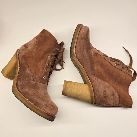 UGG 3213 Sofia Lace-up Cinnamon Brown Suede Sheepskin Chunky Heeled Boot Sz 9 - Picture 1 of 13